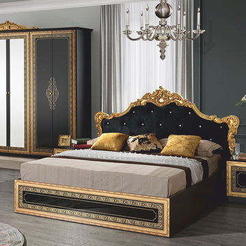Cama doble barroca de lujo Casa Padrino con pedrería negra / dorada - Muebles de dormitorio de estilo barroco