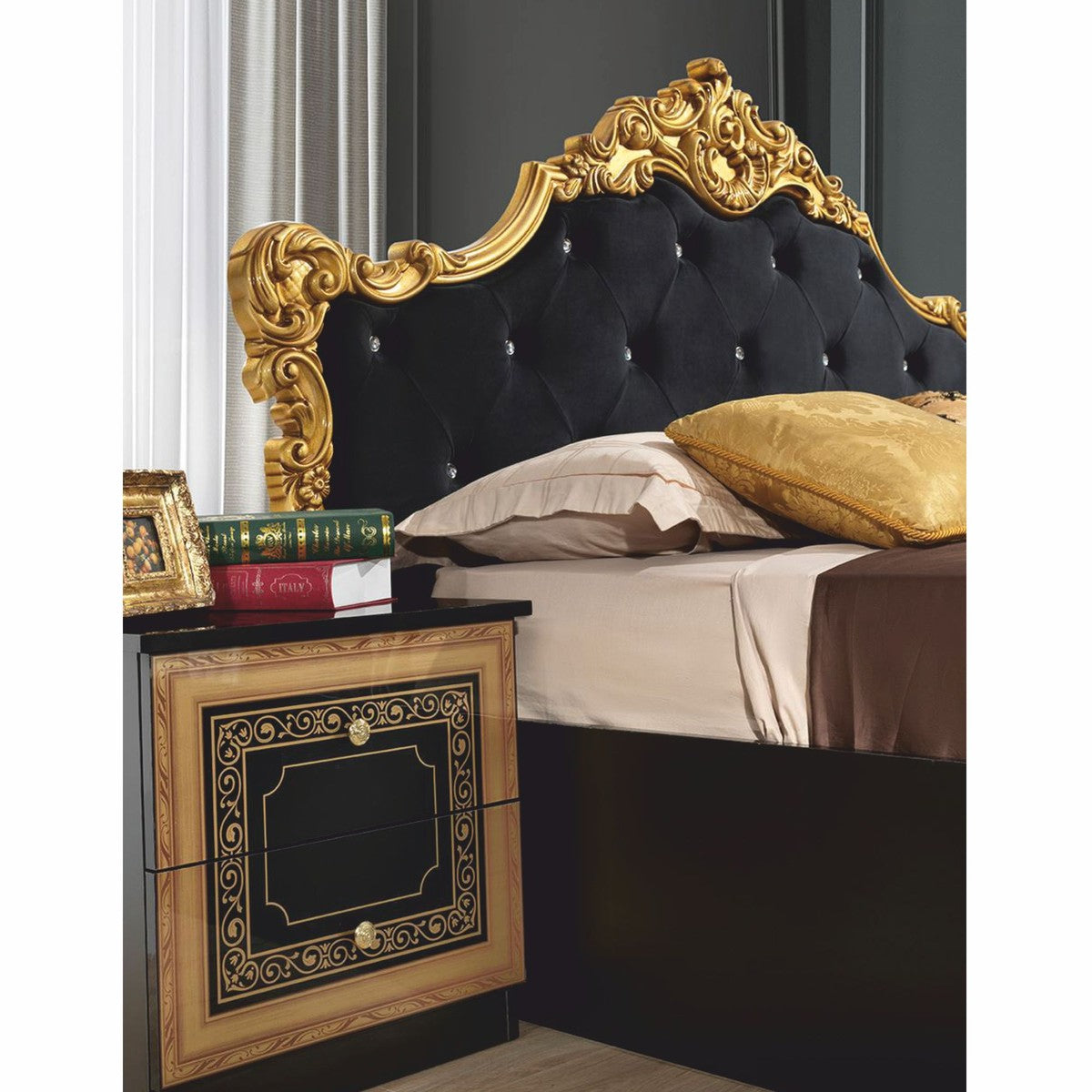 Cama doble barroca de lujo Casa Padrino con pedrería negra / dorada-Muebles de dormitorio de estilo barroco - Imagen 2
