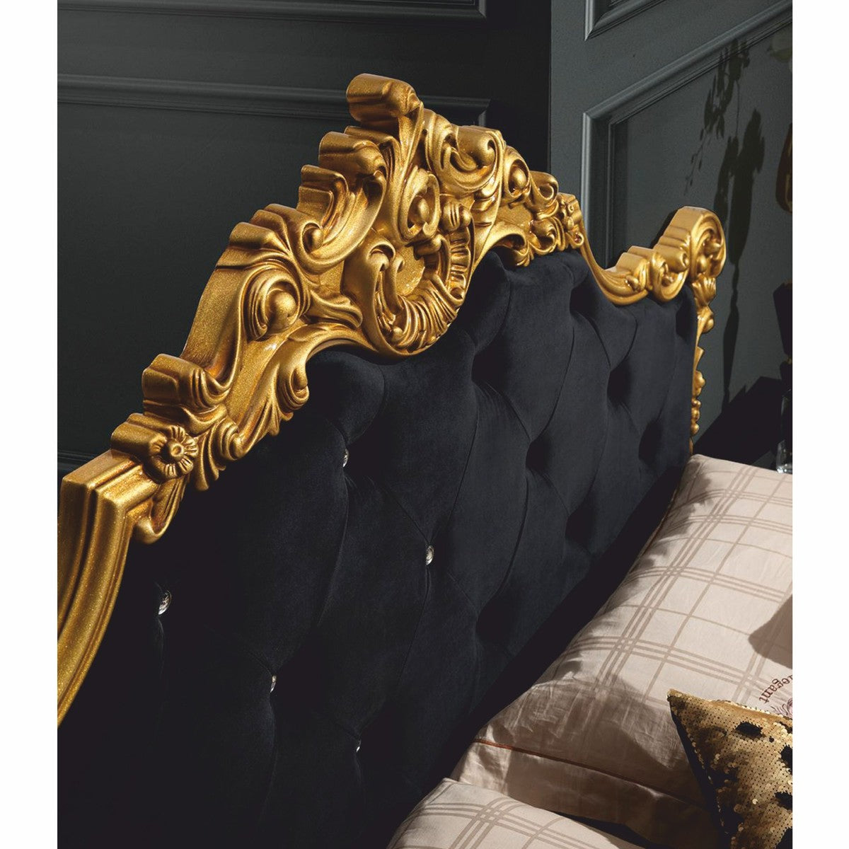 Cama doble barroca de lujo Casa Padrino con pedrería negra / dorada-Muebles de dormitorio de estilo barroco - Imagen 3