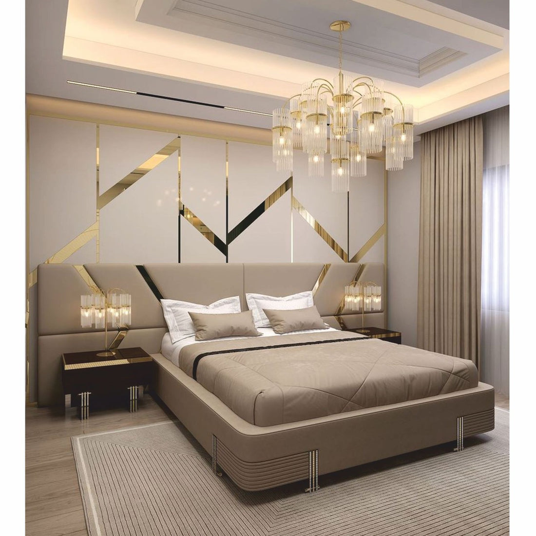 Casa Padrino cama doble de lujo beige / dorado / plateado - Muebles de hotel y dormitorio