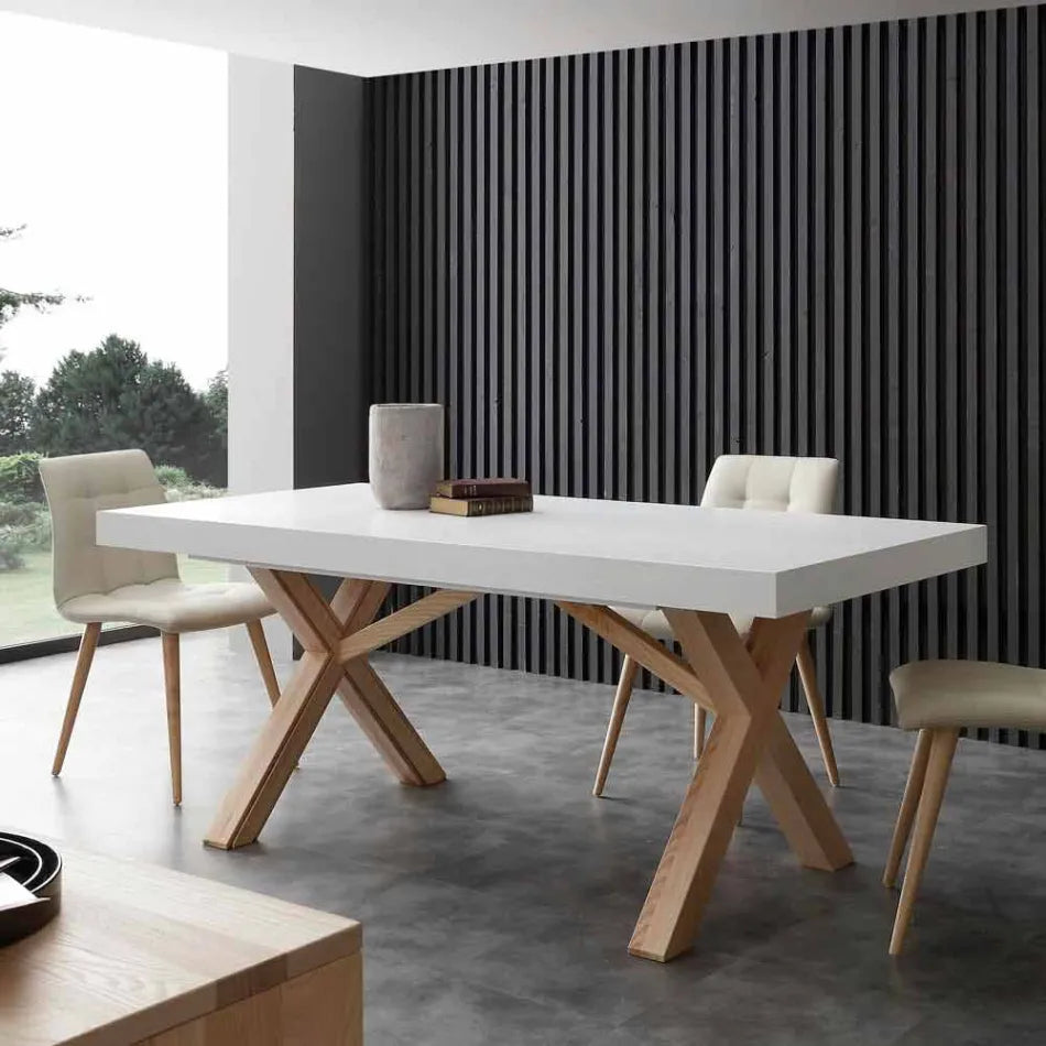 Mesa de comedor extensible blanca de madera maciza Rico