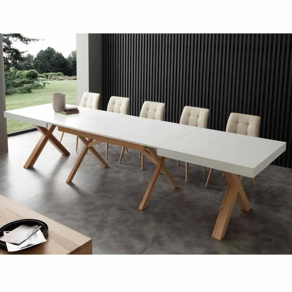Mesa de comedor extensible blanca de madera maciza Rico - Imagen 3