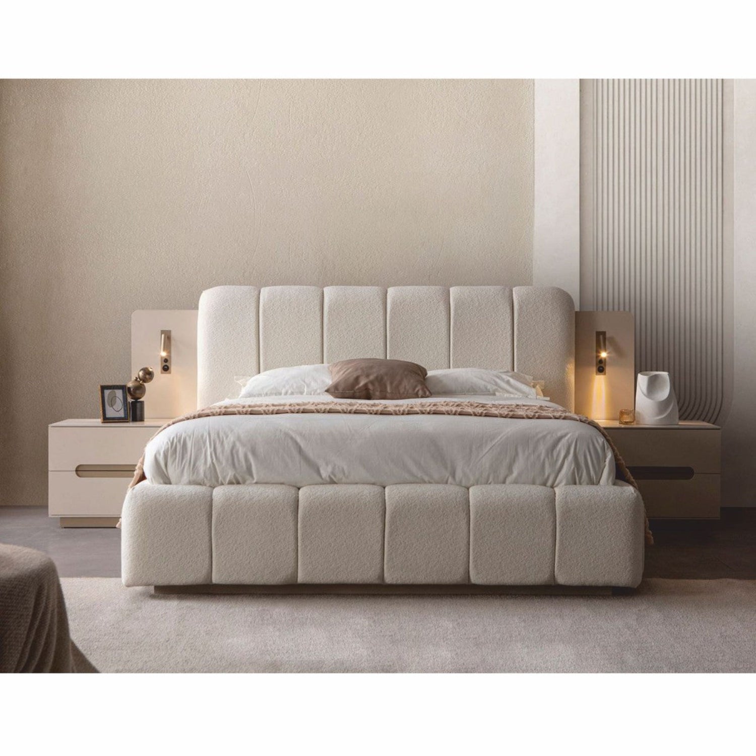 Juego de dormitorio de lujo Casa Padrino blanco / gris - 1 cama doble y 2 mesitas de noche