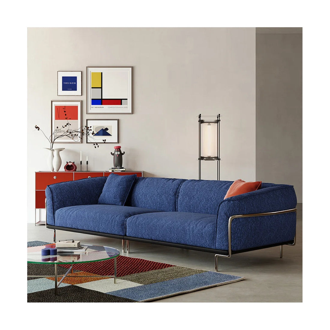 Sofá modular de 4 plazas en lino azul - Estilo Contemporáneo
